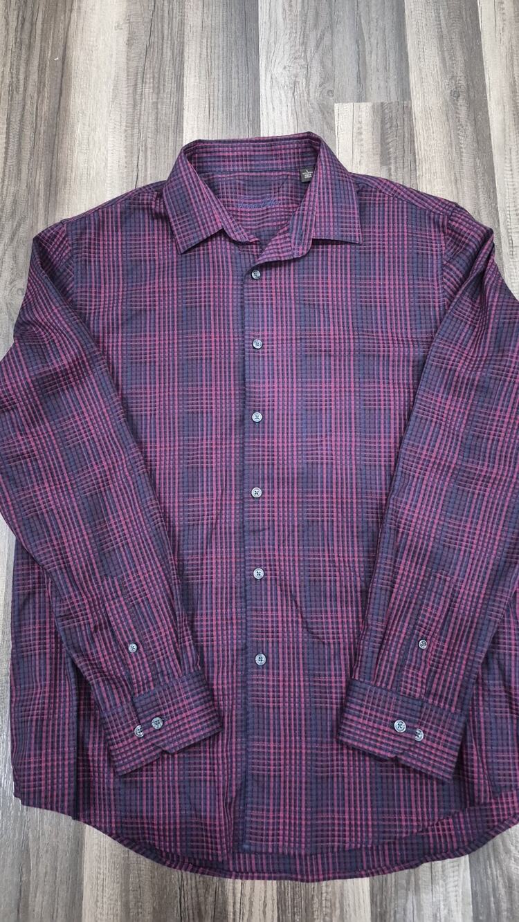 Tasso Elba Men's Large Red Navy Plaid Long Sleeve Button Up Shirt 100% Cotton